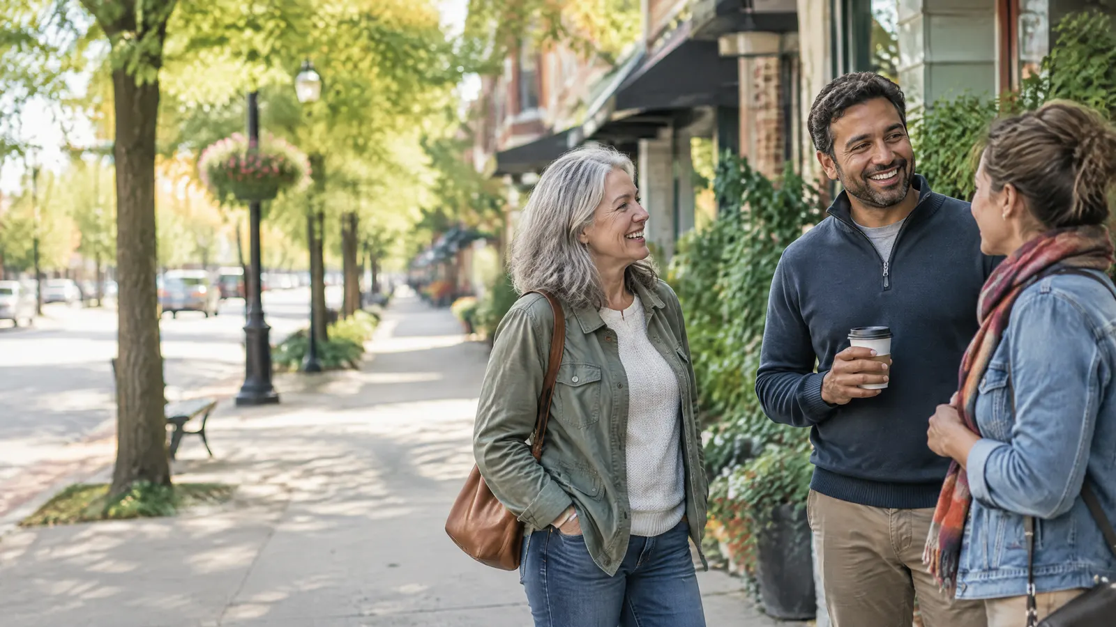 A friendly scene of neighbours chatting on a tree-lined Ontario main street.