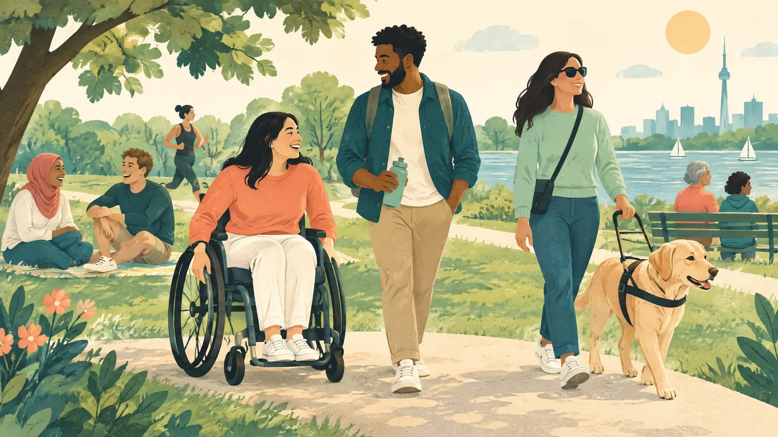 Illustration: diverse people including a person using a wheelchair and a person with a guide dog enjoying a sunny park.