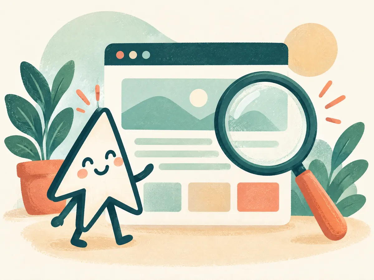 Illustration: a large friendly cursor and a magnifying glass over a simple web page shape.