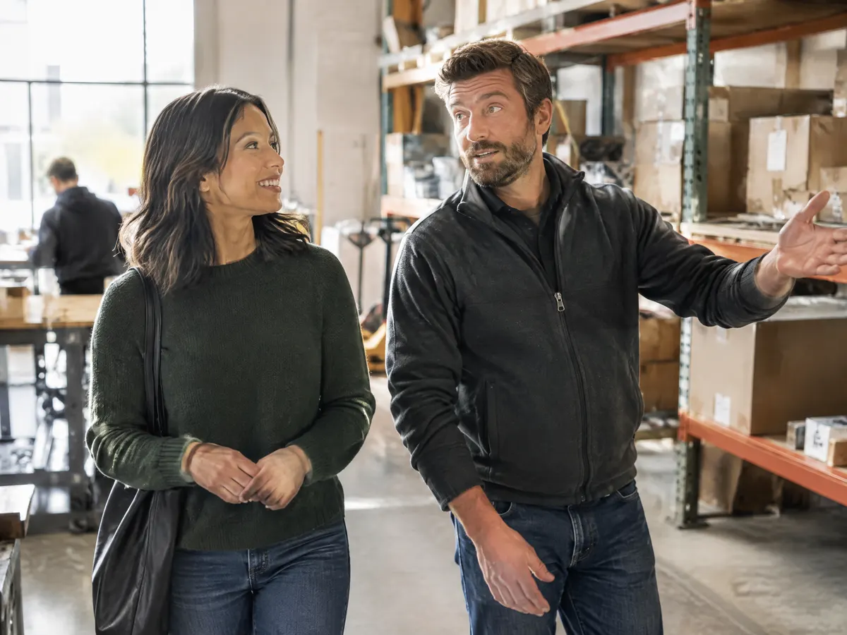 A new employee on her first day getting a friendly tour of a small warehouse.