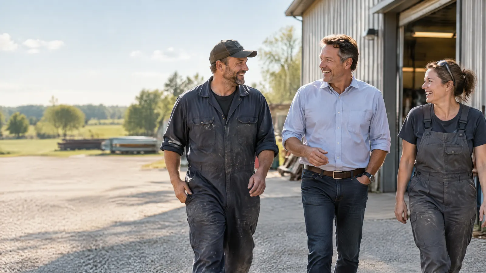 The owner of a family manufacturing business walking with two long-time employees outside their shop on a sunny day, laughing.