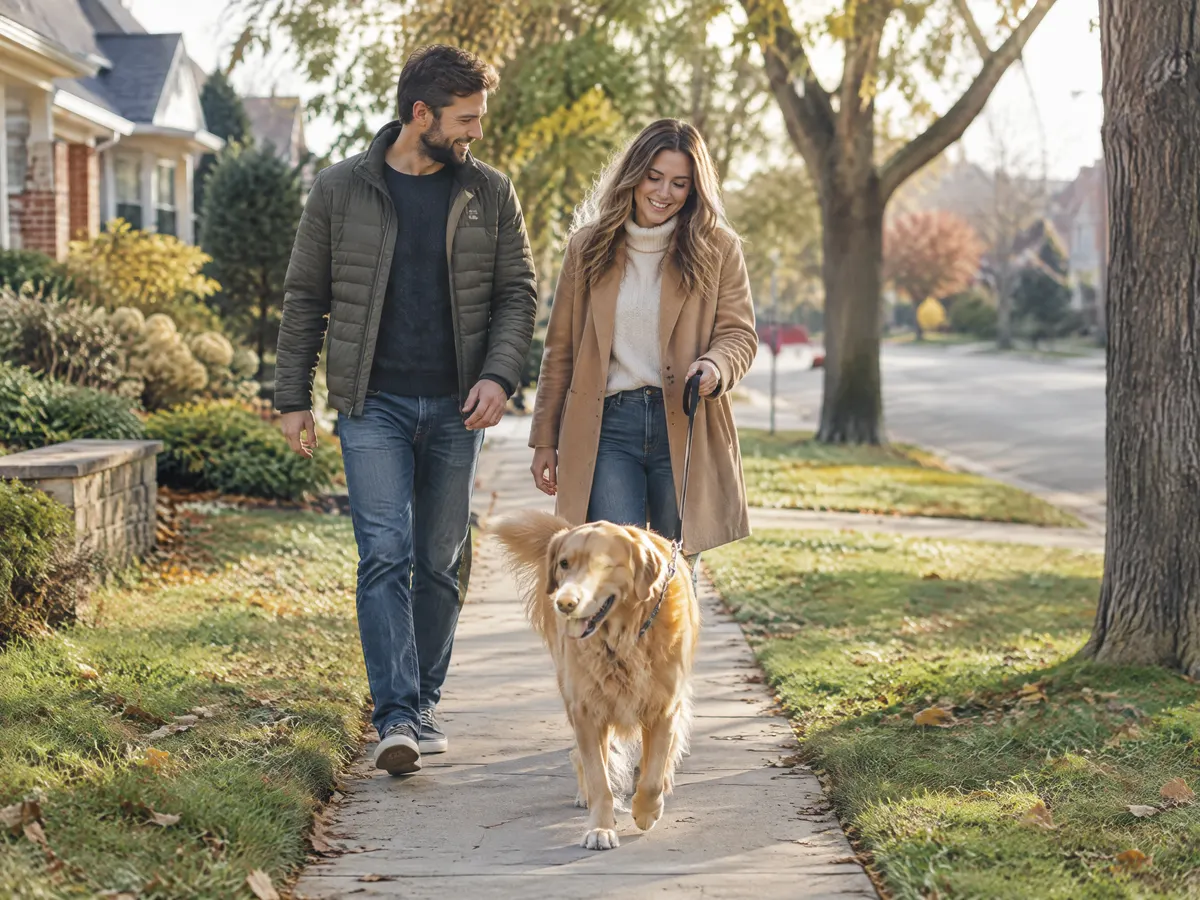 A couple walking their dog in a quiet suburban Ontario neighbourhood.