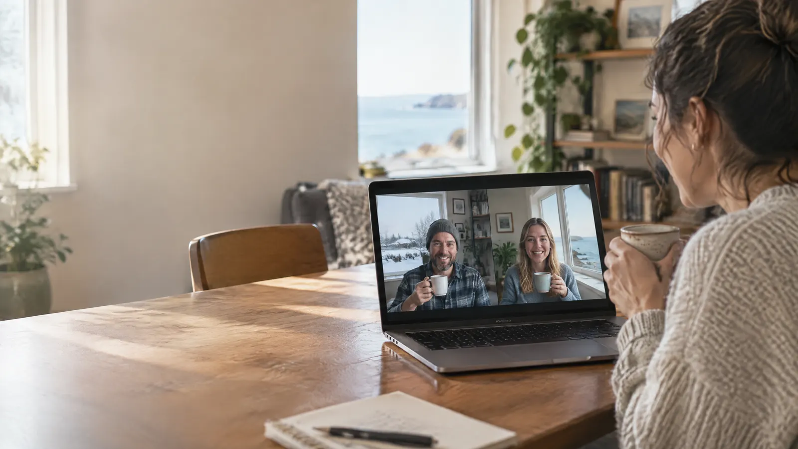 A small team on a video call from different home offices, one in a snowy prairie town and one by a coastal window, each relaxed with a coffee mug in hand.