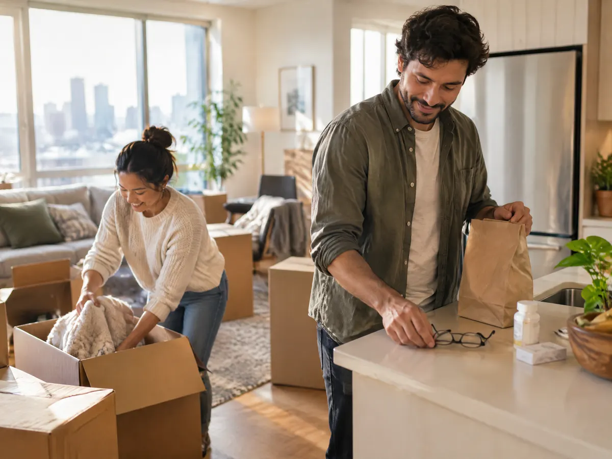 A woman unpacking moving boxes in a bright new apartment while her partner sets a pair of new eyeglasses and a pharmacy bag on the kitchen counter.