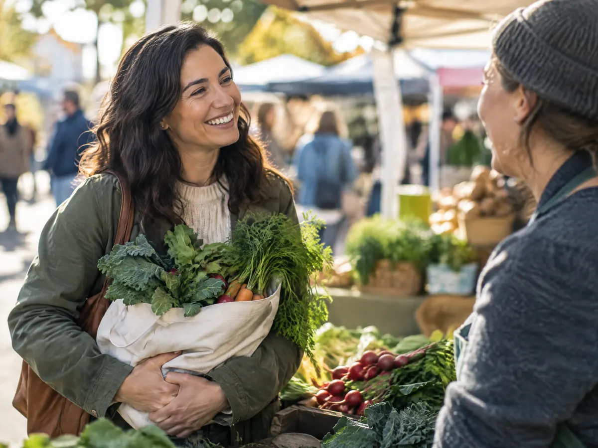 A woman at a farmers market holding a bag of produce, smiling and chatting with a vendor.