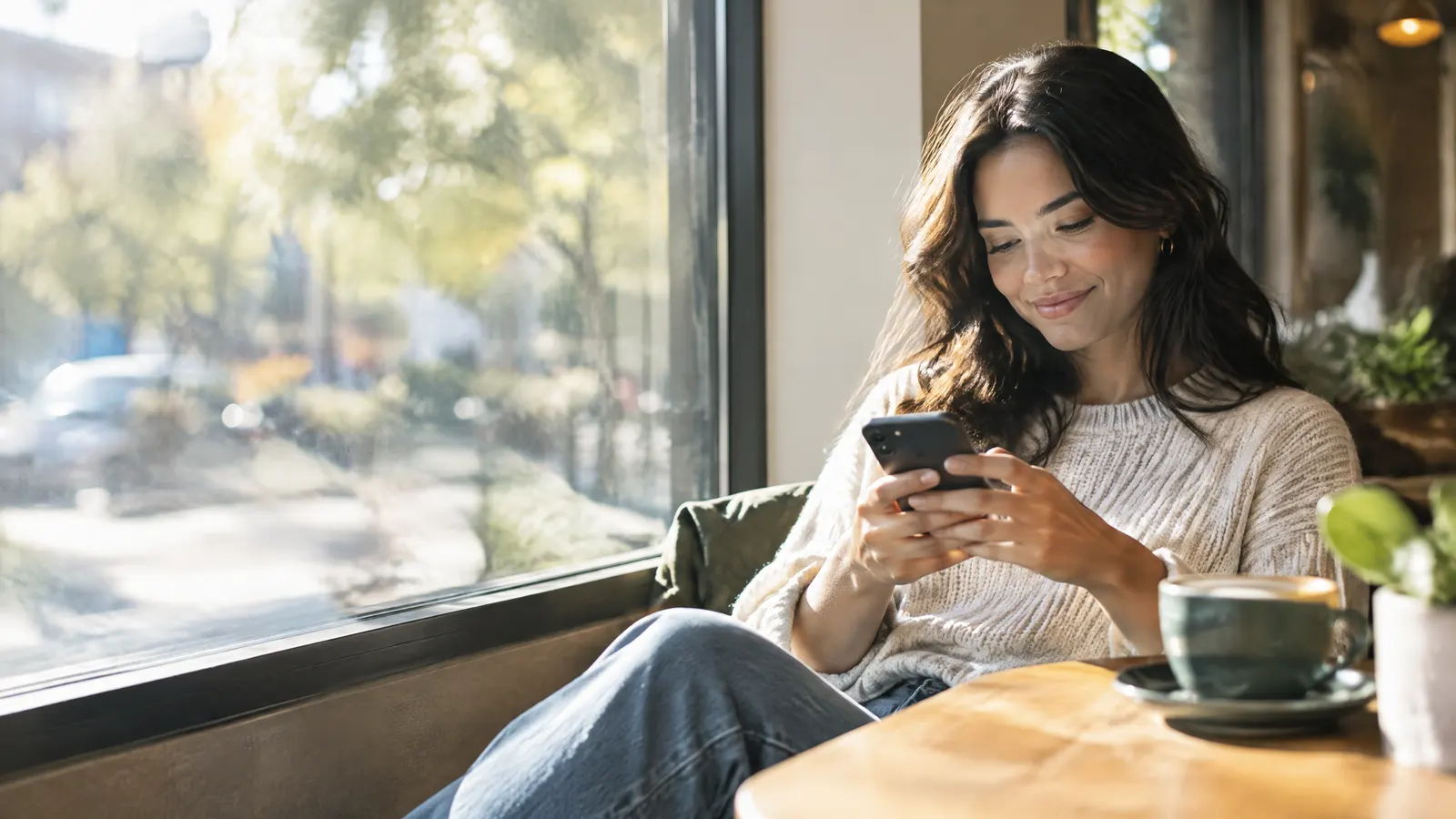 A woman typing a message on her phone while sitting in a sunny cafe window, relaxed.