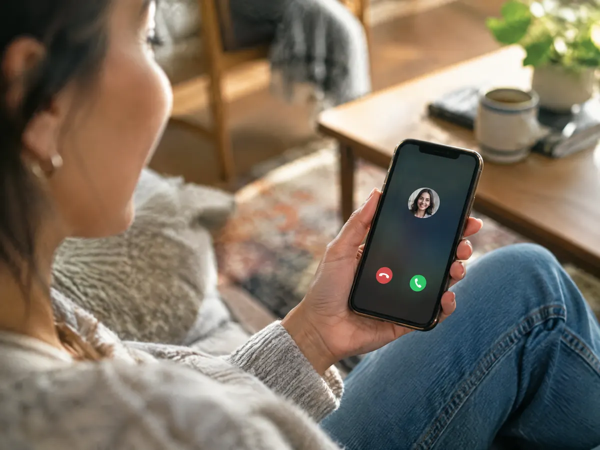 A hand holding a phone with a friendly incoming call.