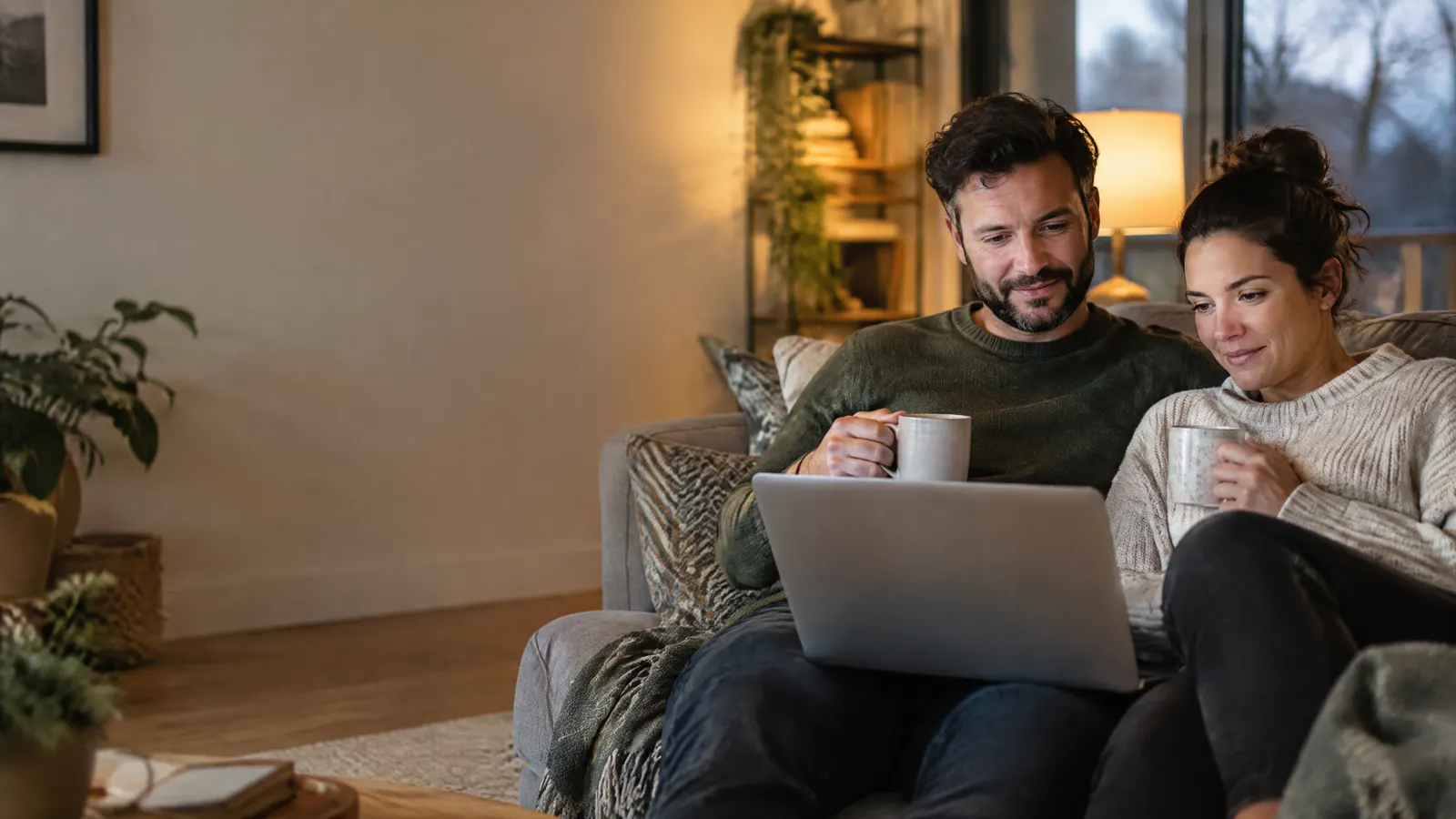 A small business owner and his partner relaxing on the couch at home in the evening, comparing benefit options on a laptop with mugs of tea.