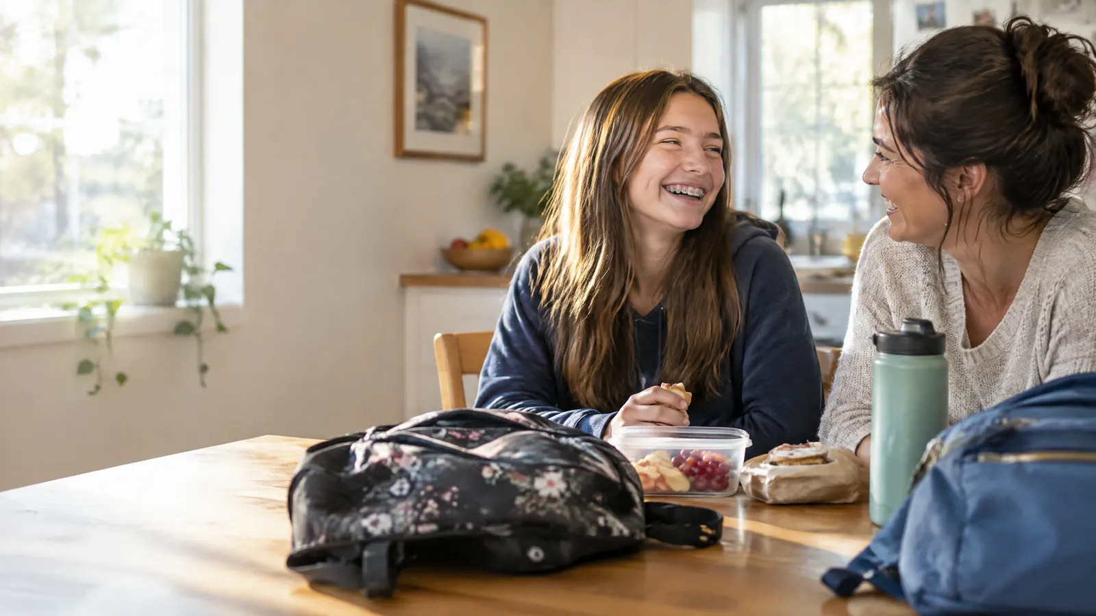 A smiling teenage girl with braces laughs with her mother at a sunny kitchen table after school, backpacks and snacks nearby.