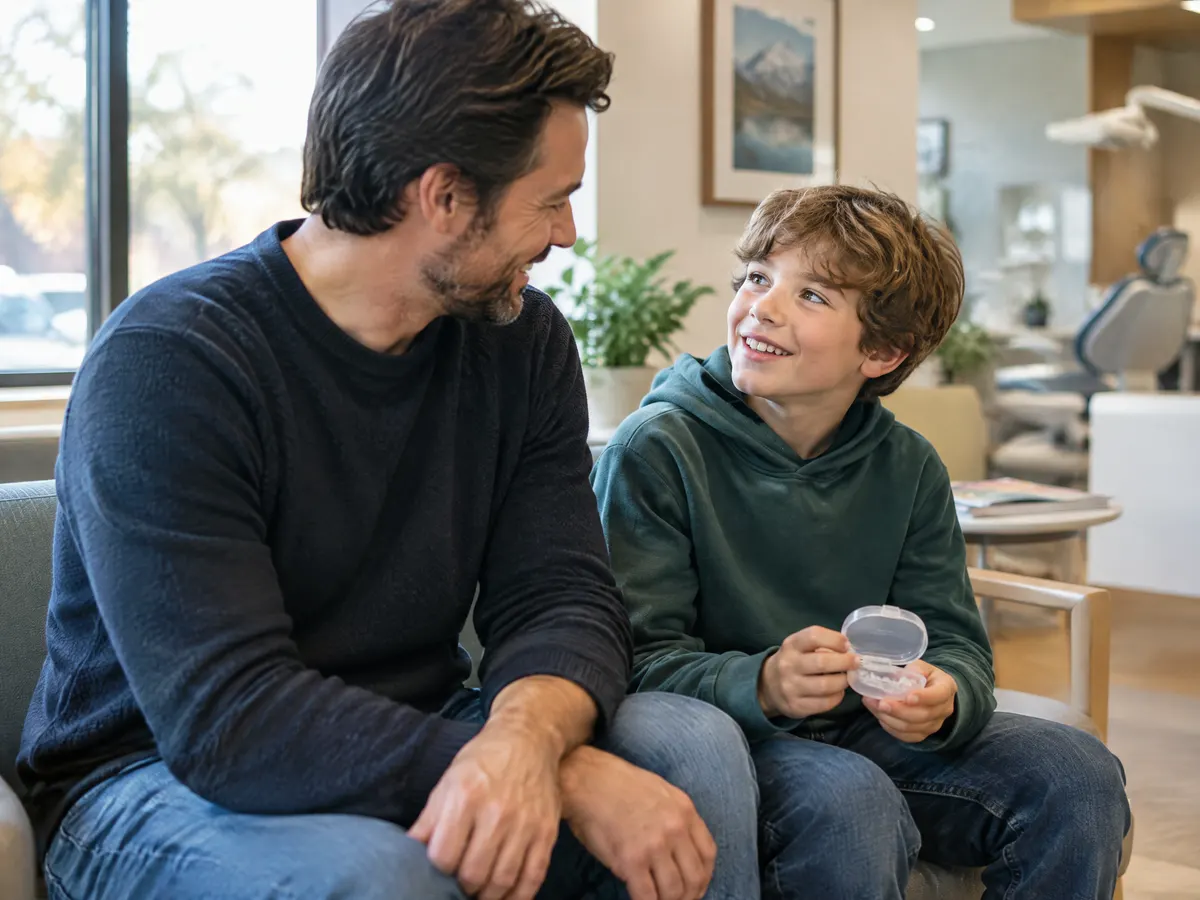 A father and his young son sit together in a bright orthodontist's waiting room, the boy holding a clear retainer case while they chat.