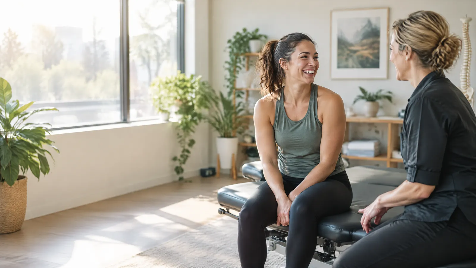 A woman in her thirties in workout clothes chats and laughs with a chiropractor beside a treatment table in a bright, plant-filled clinic with morning light.