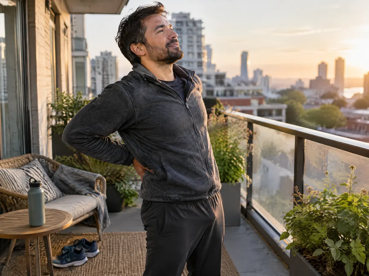 A man in a warehouse fleece stretches his lower back on a sunny apartment balcony after work, a water bottle and running shoes nearby.