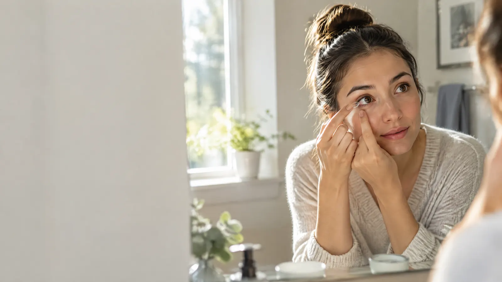 A young woman in a bright bathroom gently putting in a contact lens in front of a mirror on a sunny morning before work.