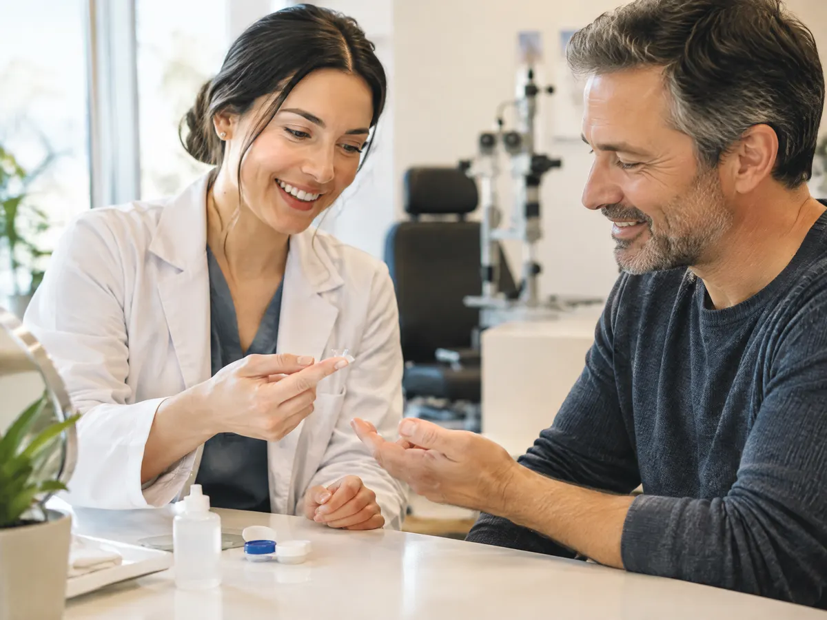 An optometrist showing a smiling middle-aged man how to handle a new contact lens at a clean, well-lit clinic counter.