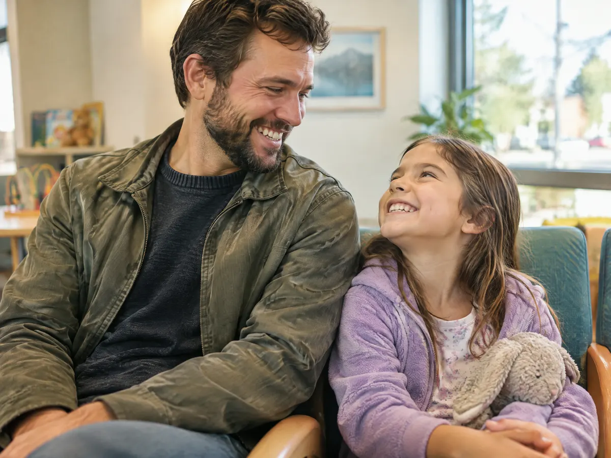 A father and his young daughter sit together in a cheerful dental office waiting area, both grinning and showing their teeth to each other after their check-ups.