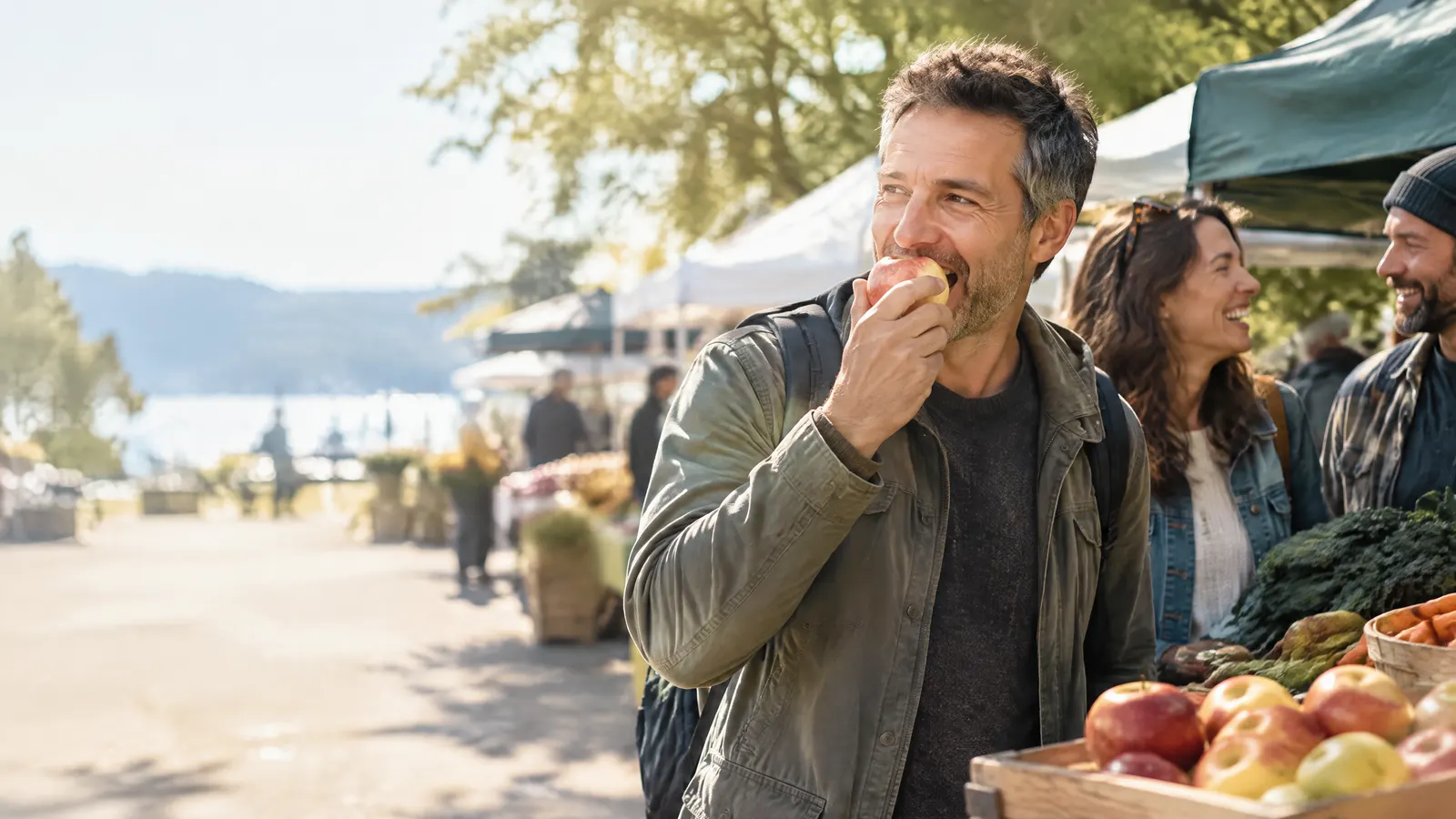 A man in his forties smiles confidently while biting into a crisp apple at a sunny farmers market stall, friends chatting beside him.