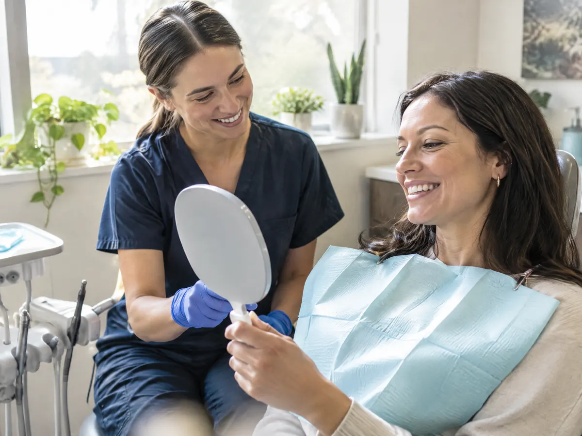 A dental hygienist shows a woman a hand mirror after her appointment in a bright, calm treatment room with plants on the windowsill.