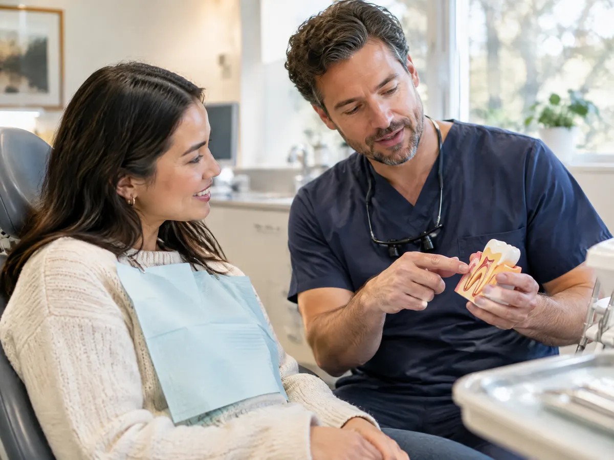 A woman sits in a bright dental office chair chatting with her dentist, who points to a model of a tooth while explaining a treatment plan.