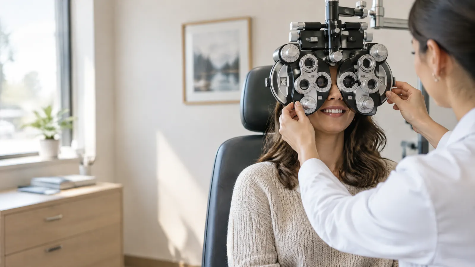 A woman in her thirties sits in a bright optometry exam room smiling as an optometrist adjusts a phoropter in front of her eyes.