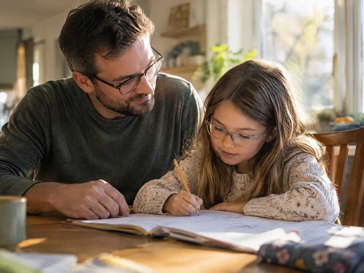 A father and his young daughter sit at a kitchen table doing homework together, both wearing their new prescription glasses in warm afternoon light.