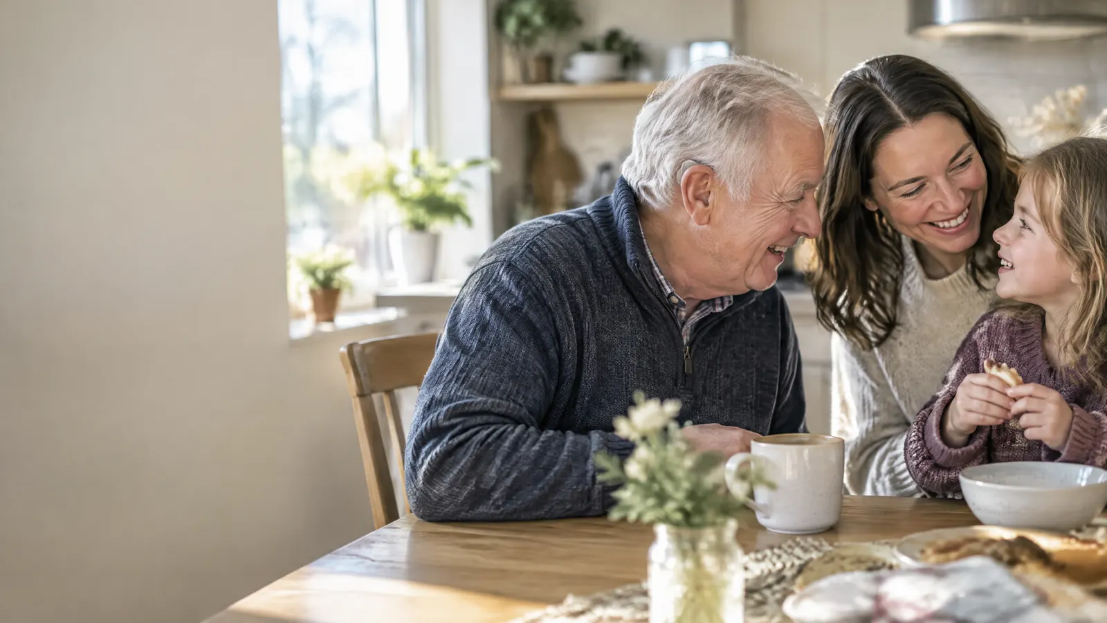 An older man laughs with his adult daughter and grandchild at a sunny kitchen table, a small behind-the-ear hearing aid just visible as he leans in to listen.
