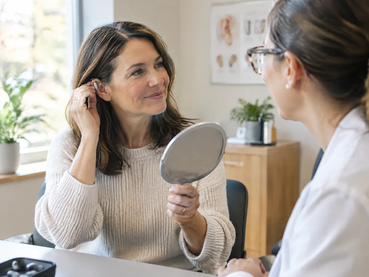 A woman in her forties sits across from an audiologist in a bright clinic room, trying on a new hearing aid while holding a small mirror.