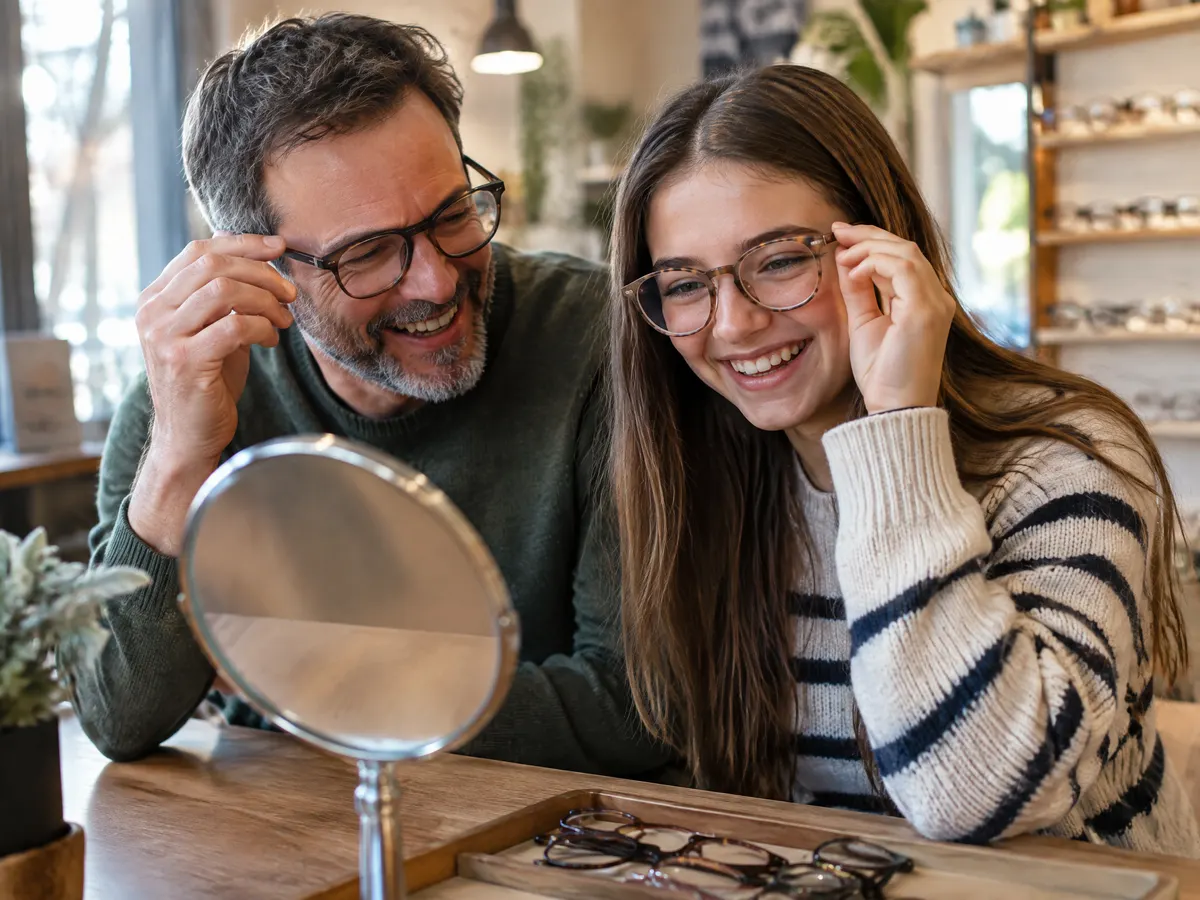 A father and his teenage daughter try on new eyeglass frames together at a cozy optical shop counter, laughing at their reflections in a small mirror.