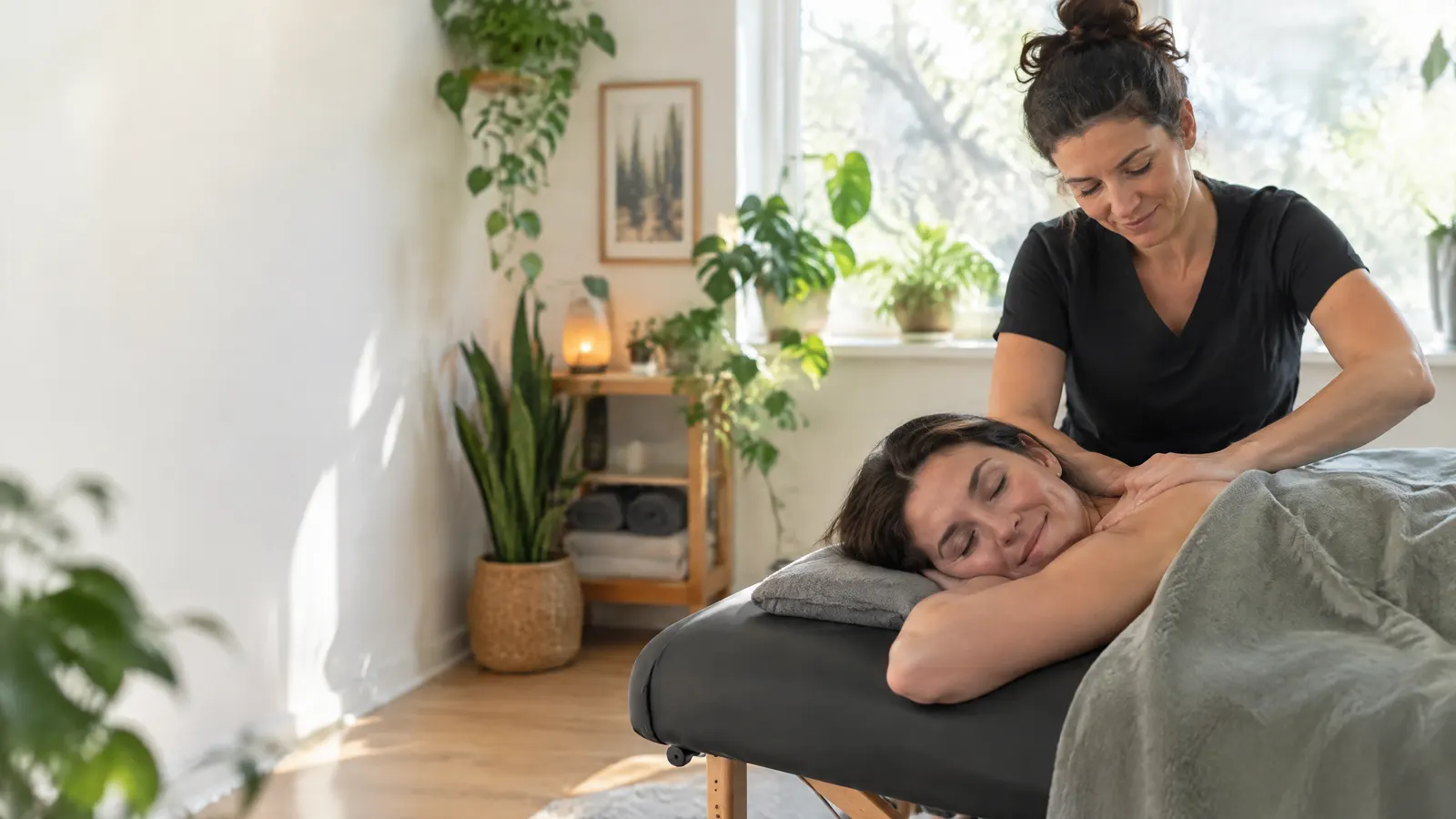 A woman in her thirties lies relaxed on a treatment table in a bright, plant-filled clinic room while a registered massage therapist works on her shoulders, soft daylight coming through a window.