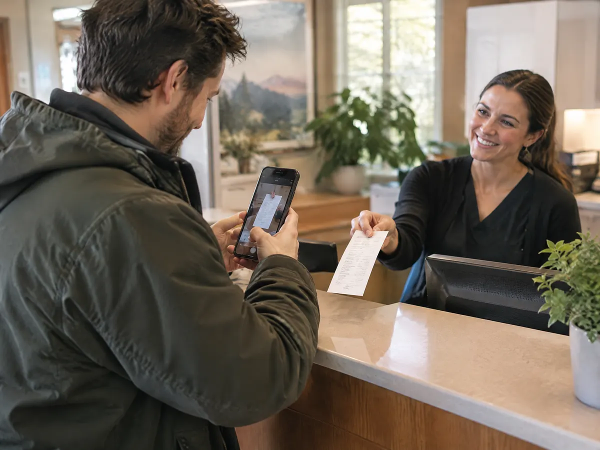 A man in a work jacket stands at a clinic front desk after his appointment, holding his phone up to snap a photo of a paper receipt handed over by a smiling receptionist.
