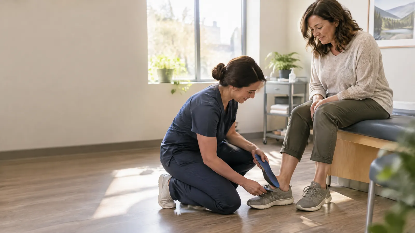 A woman in her forties sits on a clinic bench while a foot care practitioner kneels to fit a pair of custom insoles into her walking shoes, warm daylight from a nearby window.