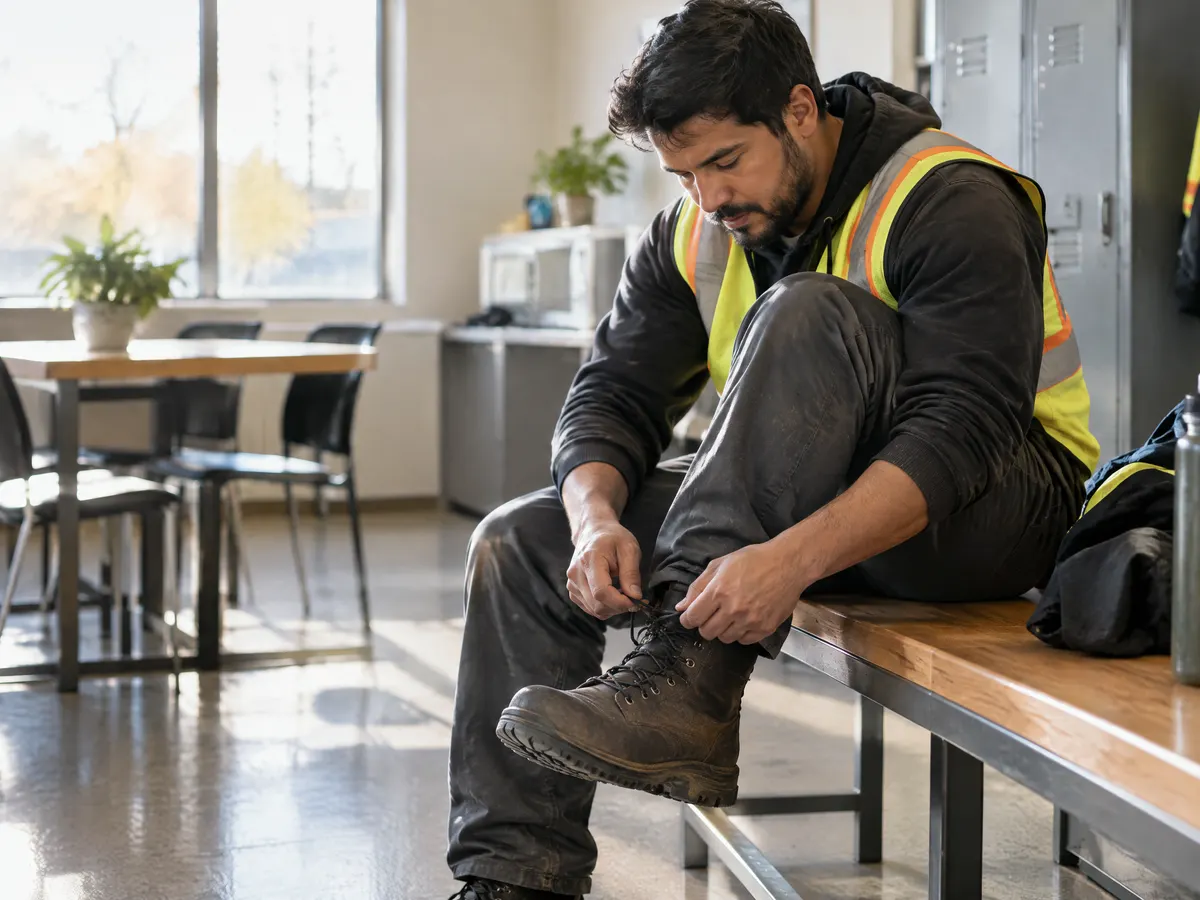 A warehouse worker in a high-visibility vest laces up his work boots on a bench in a bright break room, ready for a long shift on his feet.