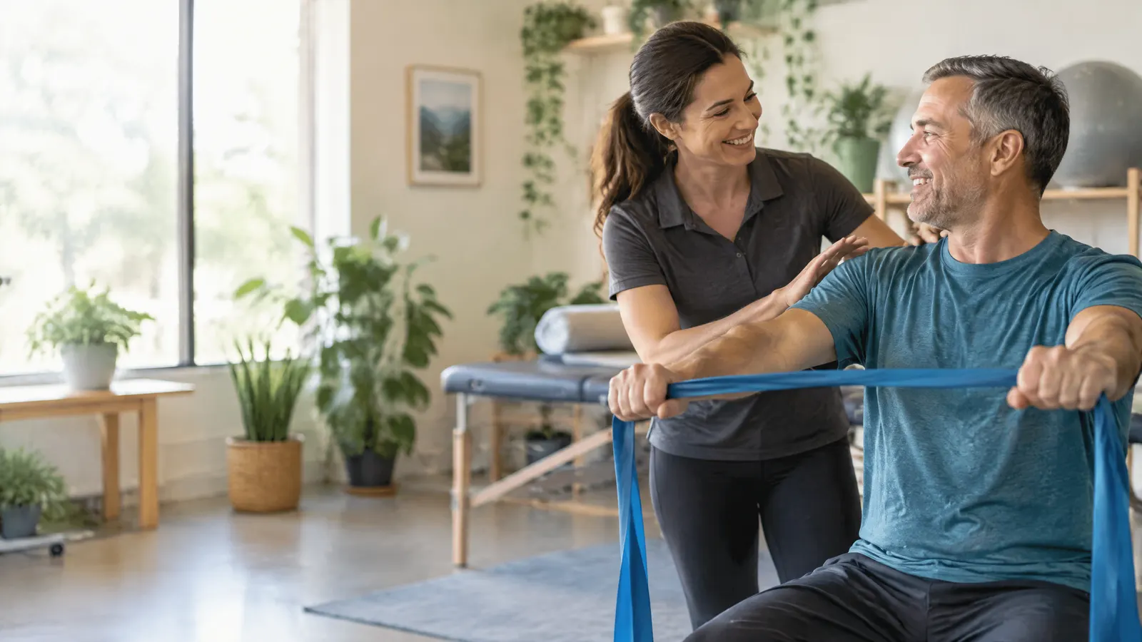A physiotherapist guides a middle-aged man through a resistance band shoulder exercise in a bright, plant-filled clinic, both smiling mid-conversation.