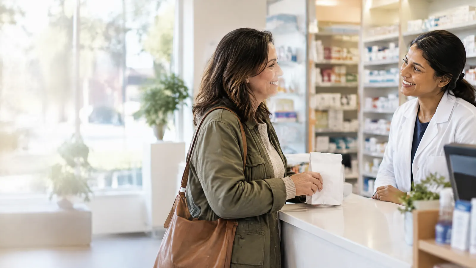 A woman in her forties chats with a friendly pharmacist across a bright neighbourhood pharmacy counter as she picks up a small paper prescription bag.