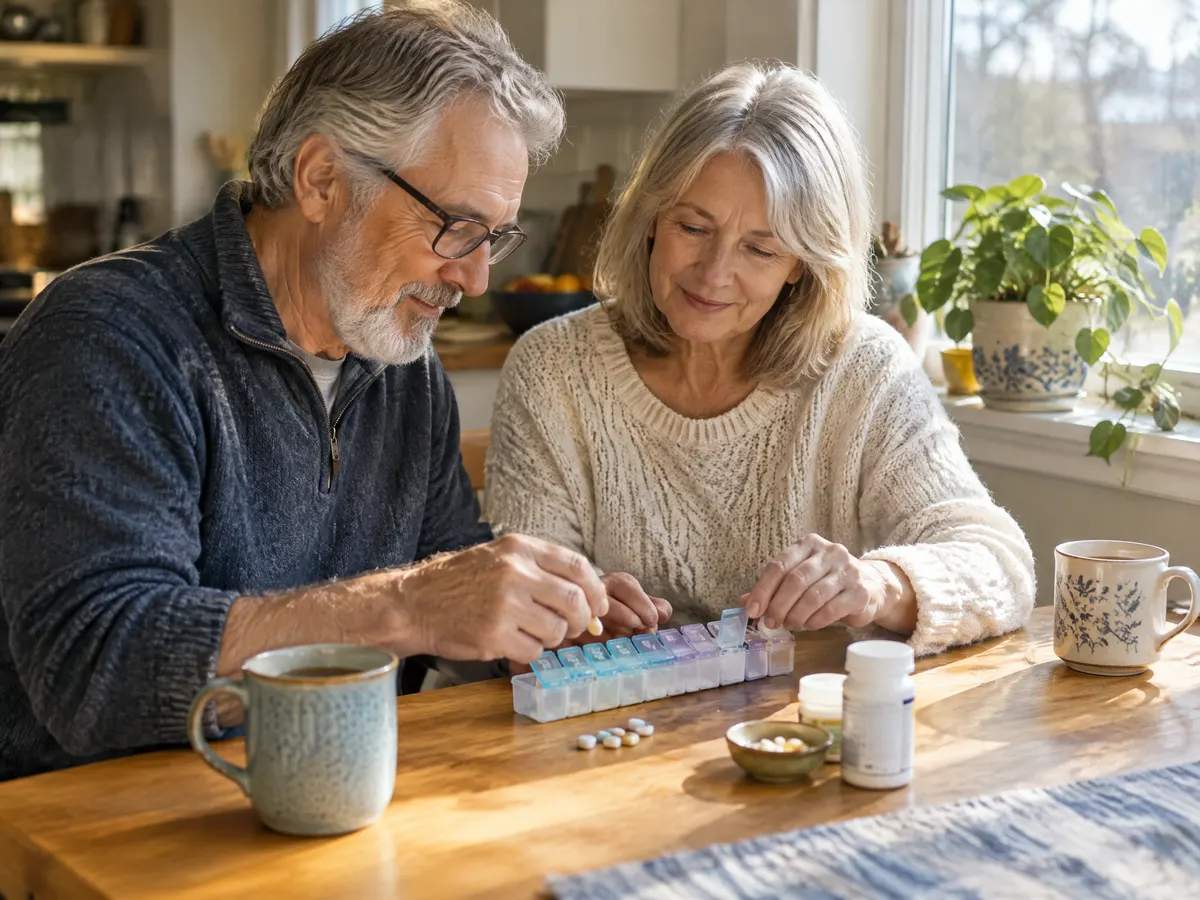 A retired couple sits at a sunny kitchen table sorting a weekly pill organizer together, with mugs of tea and a plant on the windowsill.