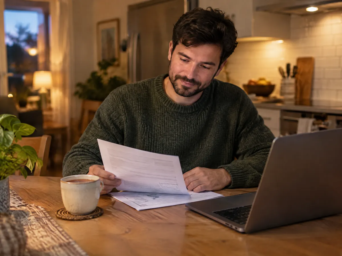 A man at his kitchen table in the evening reviews a printed dental treatment estimate beside a cup of tea and a laptop, looking calm and organized.