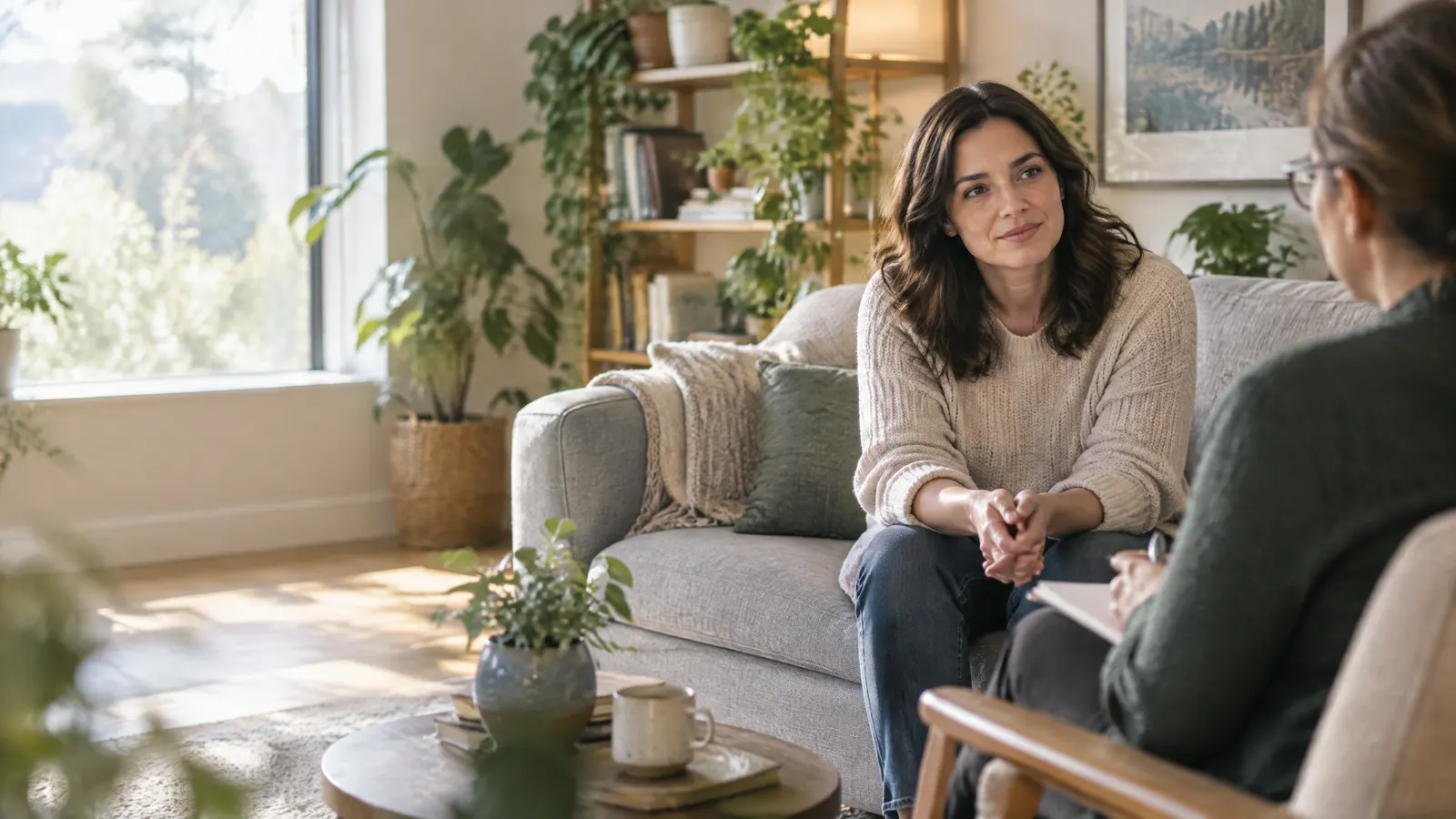 A woman in a cozy sweater sits on a sofa in a bright, plant-filled counselling room, talking with a therapist across from her while afternoon light comes through the window.