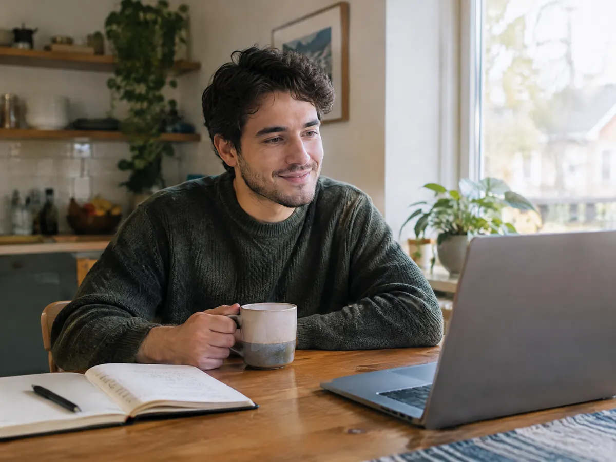 A young man sits at his kitchen table with a mug of tea and a laptop, smiling slightly during a video counselling session, notebook open beside him.