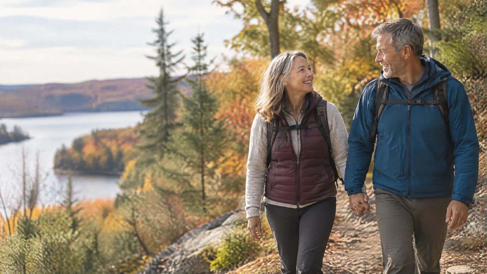A couple in their fifties hiking a forest trail in Ontario, holding hands, fall colours.