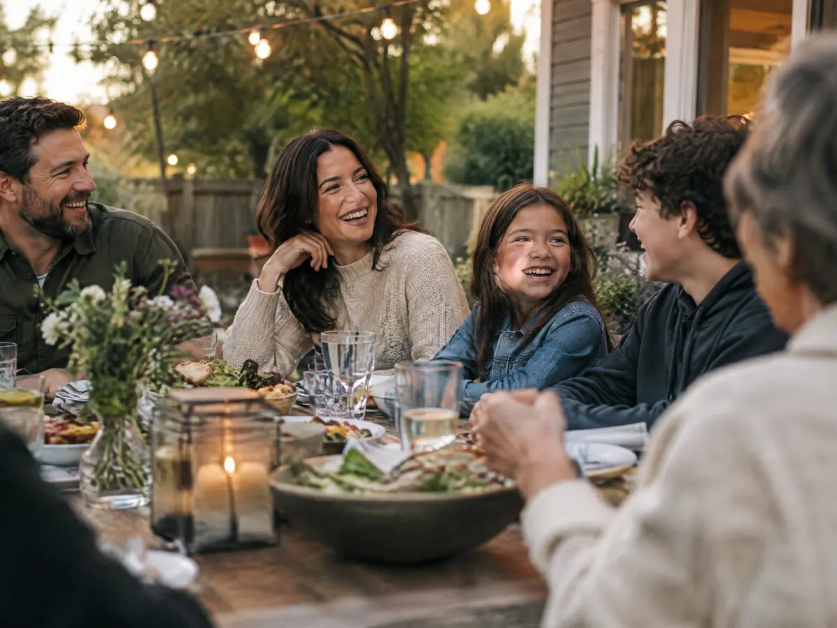 A family dinner on a backyard patio with string lights, everyone laughing together.