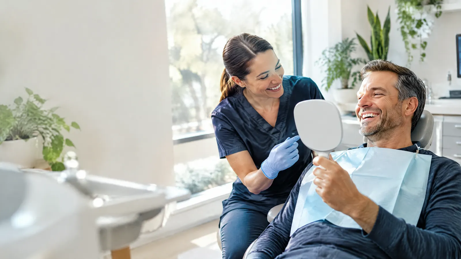 A man in his forties reclined in a bright dental chair, laughing with a friendly hygienist who shows him a hand mirror.