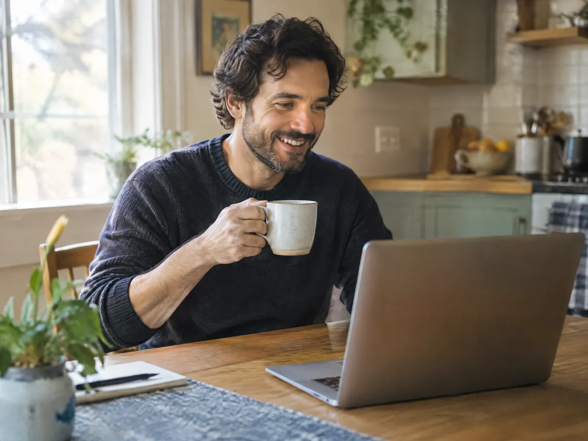 A man at home at his kitchen table on a relaxed video call, a cup of tea in hand.