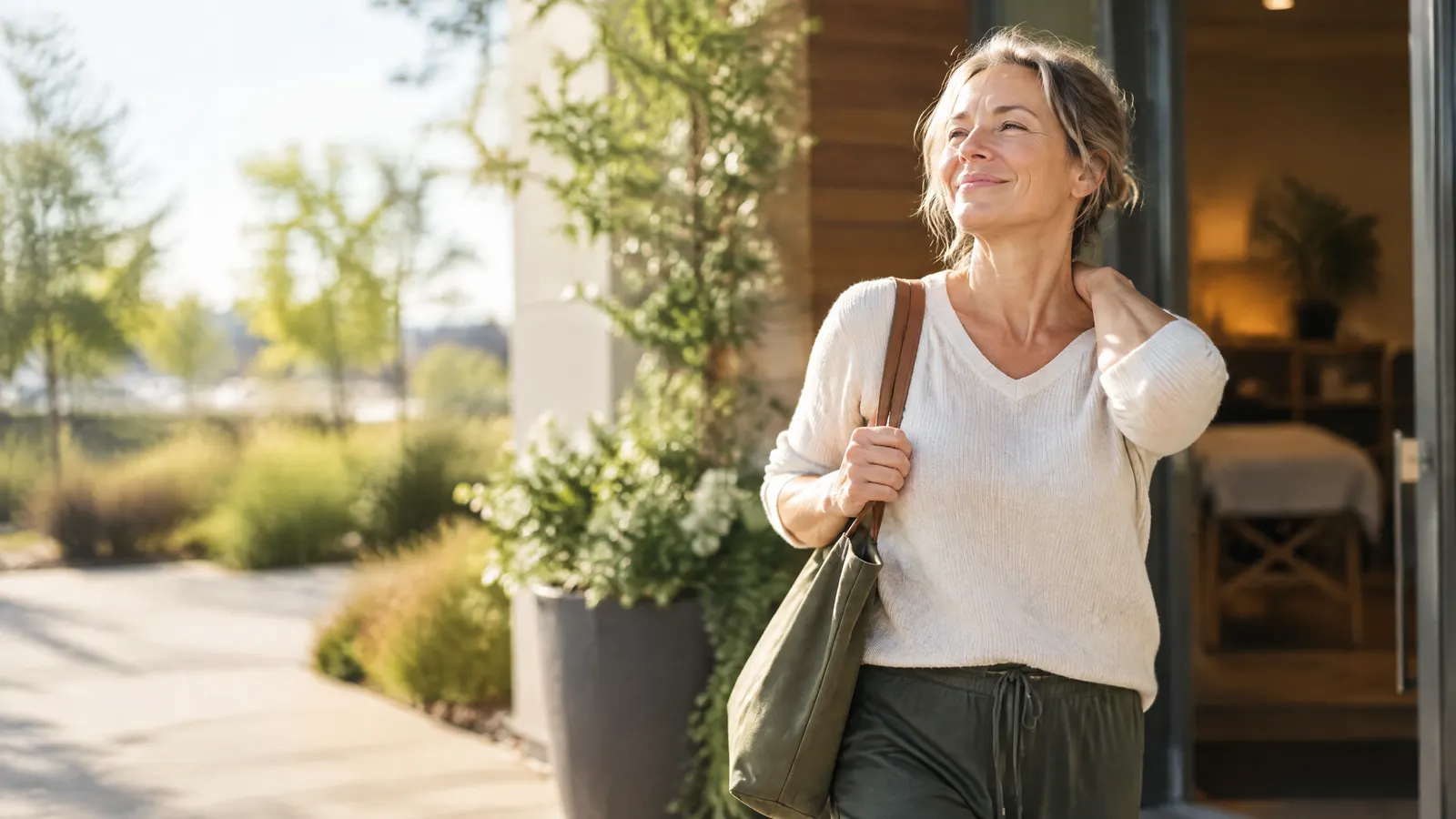 A woman in her fifties walking out of a calm wellness clinic into the sunshine, relaxed after a massage, rolling her shoulders.