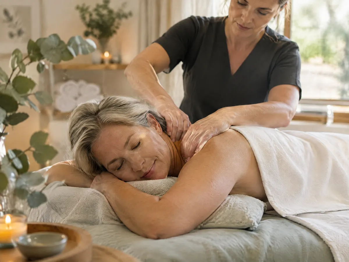 A woman in her fifties relaxing face down on a massage table, white towel draped over her back, massage therapist working on her shoulder.