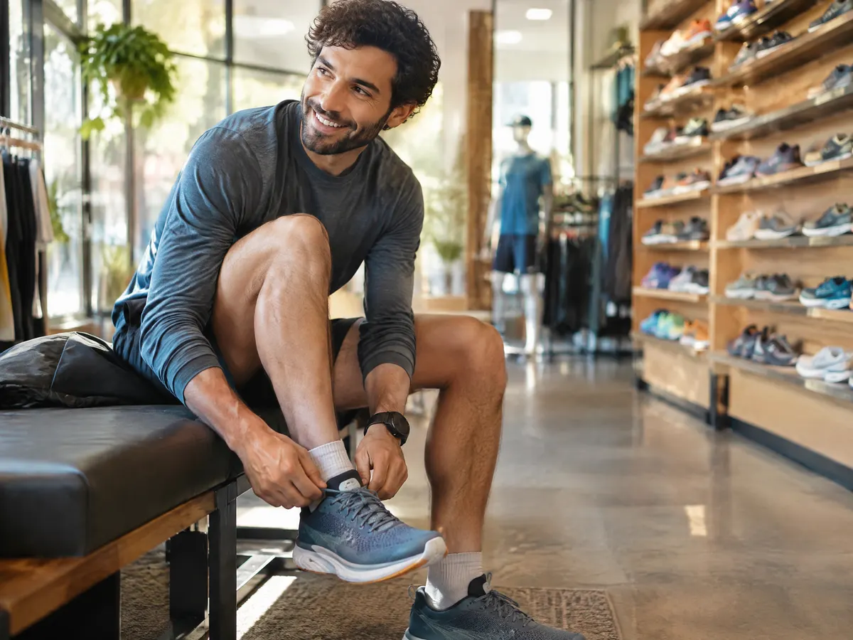 A man at a running store trying on new running shoes, smiling.