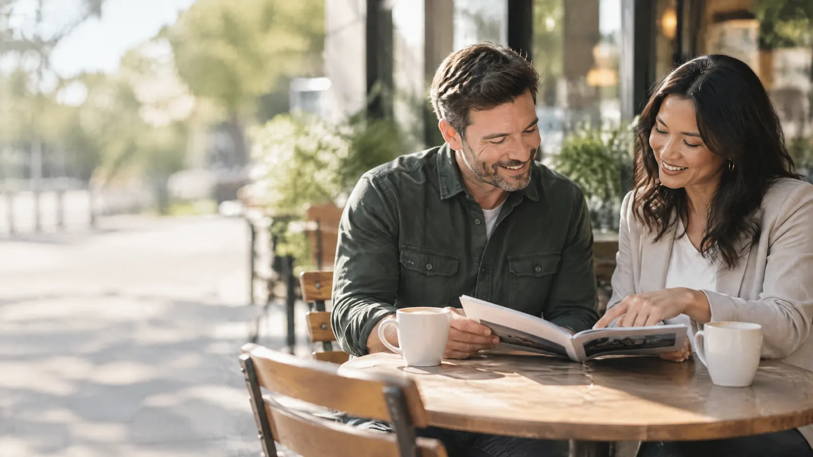 A small business owner and an HR manager sit at a sunny café table reviewing a printed employee benefits booklet together over coffee, smiling as one points to a page.