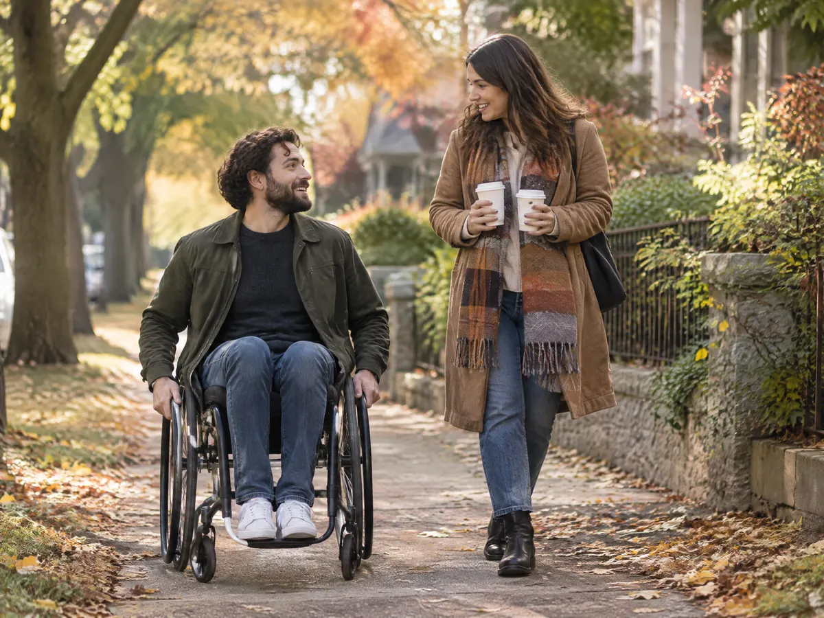 A man using a lightweight manual wheelchair rolls along a leafy neighbourhood sidewalk on an autumn afternoon, a friend walking beside him with two takeaway cups.