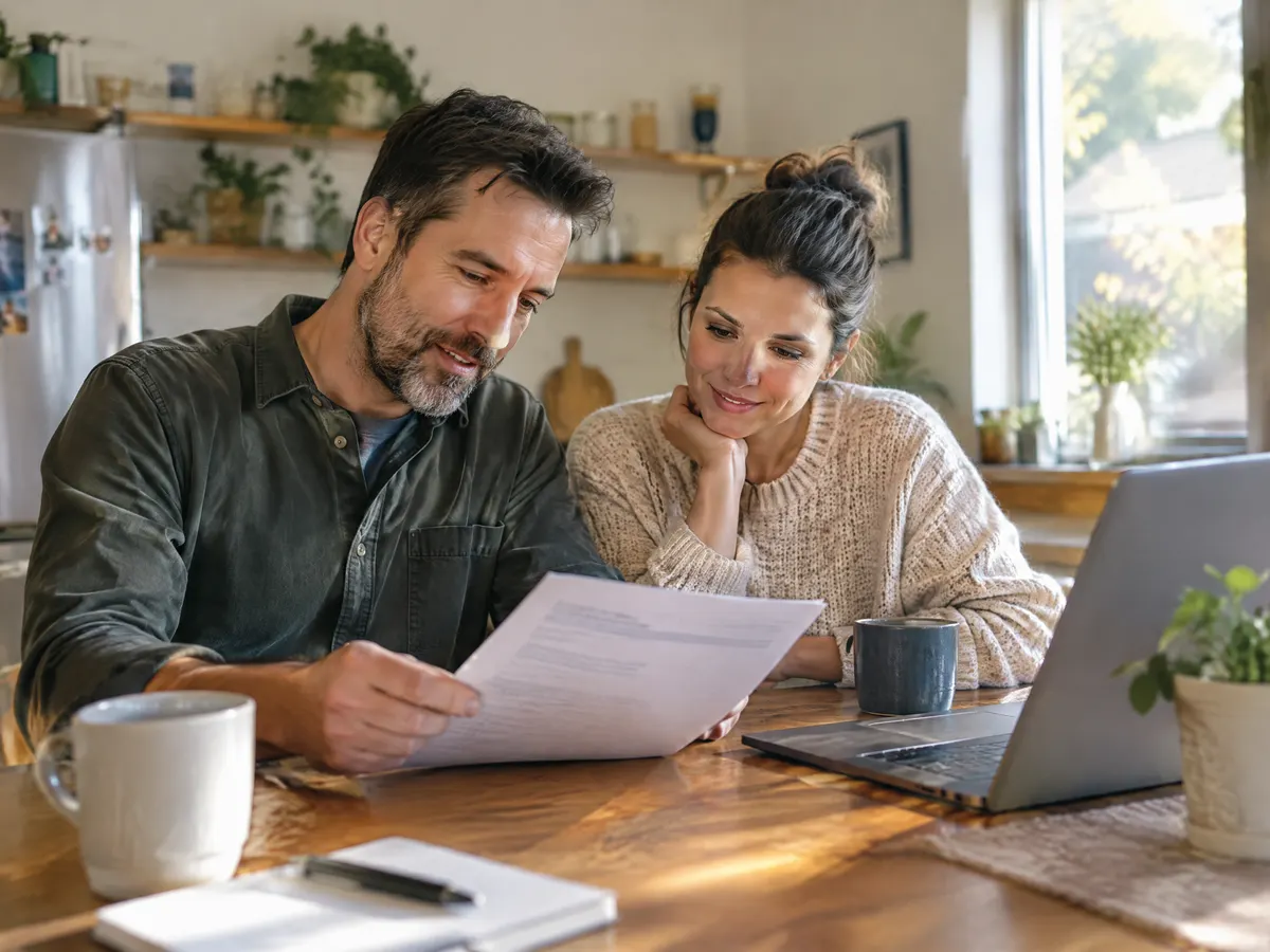 A small business owner and an employee look over a printed tax slip together at a kitchen-style office table with coffee mugs and a laptop.