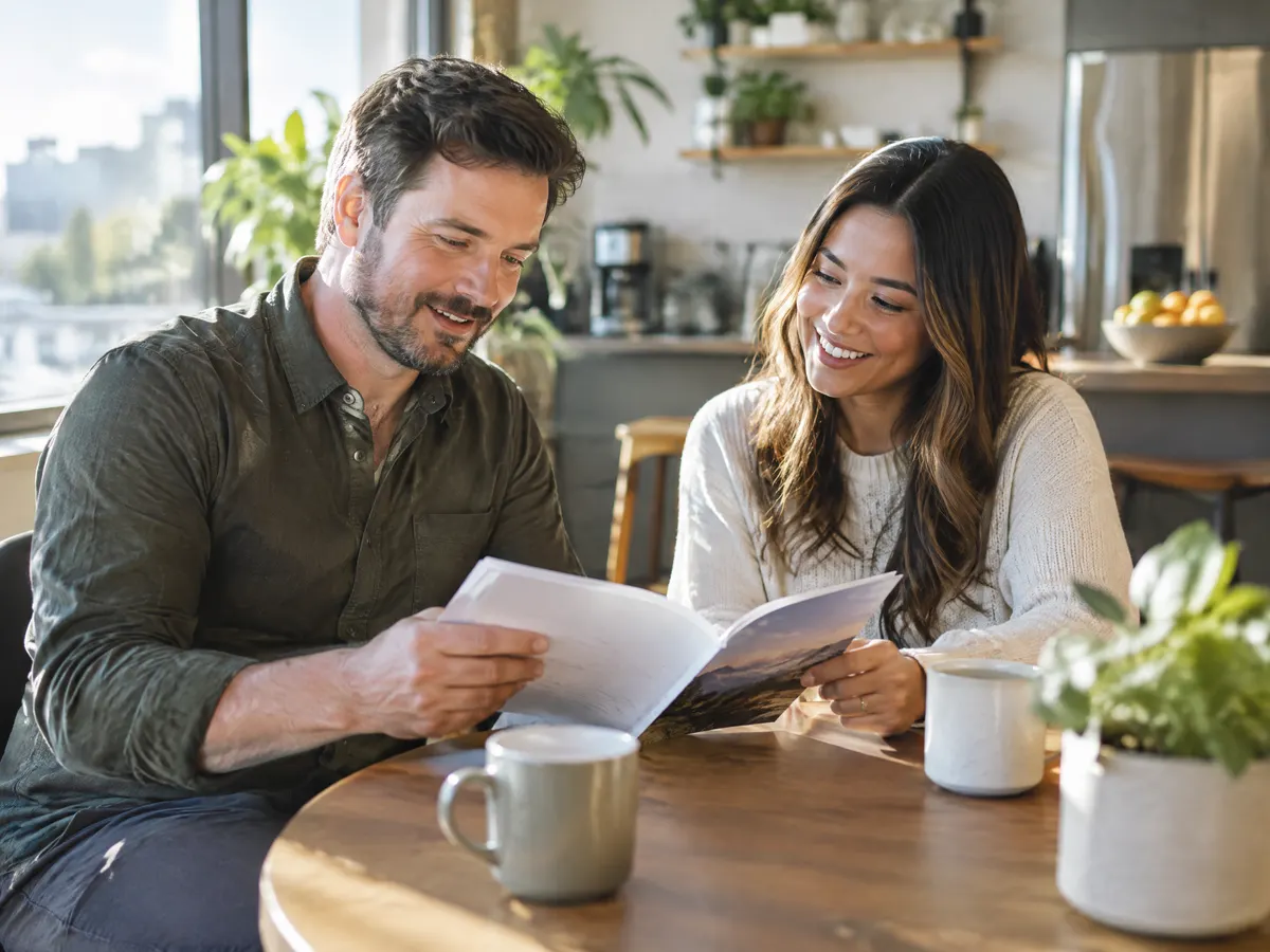 A small business owner and an employee review a printed benefits booklet together at a café-style table in a sunny office kitchen.