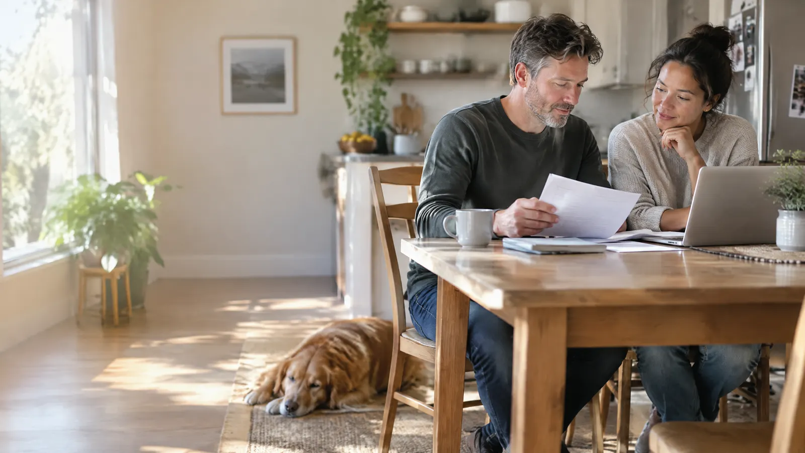 A man in his forties sits at a sunny kitchen table with his partner, sorting through paperwork and a laptop together while a dog naps at their feet.