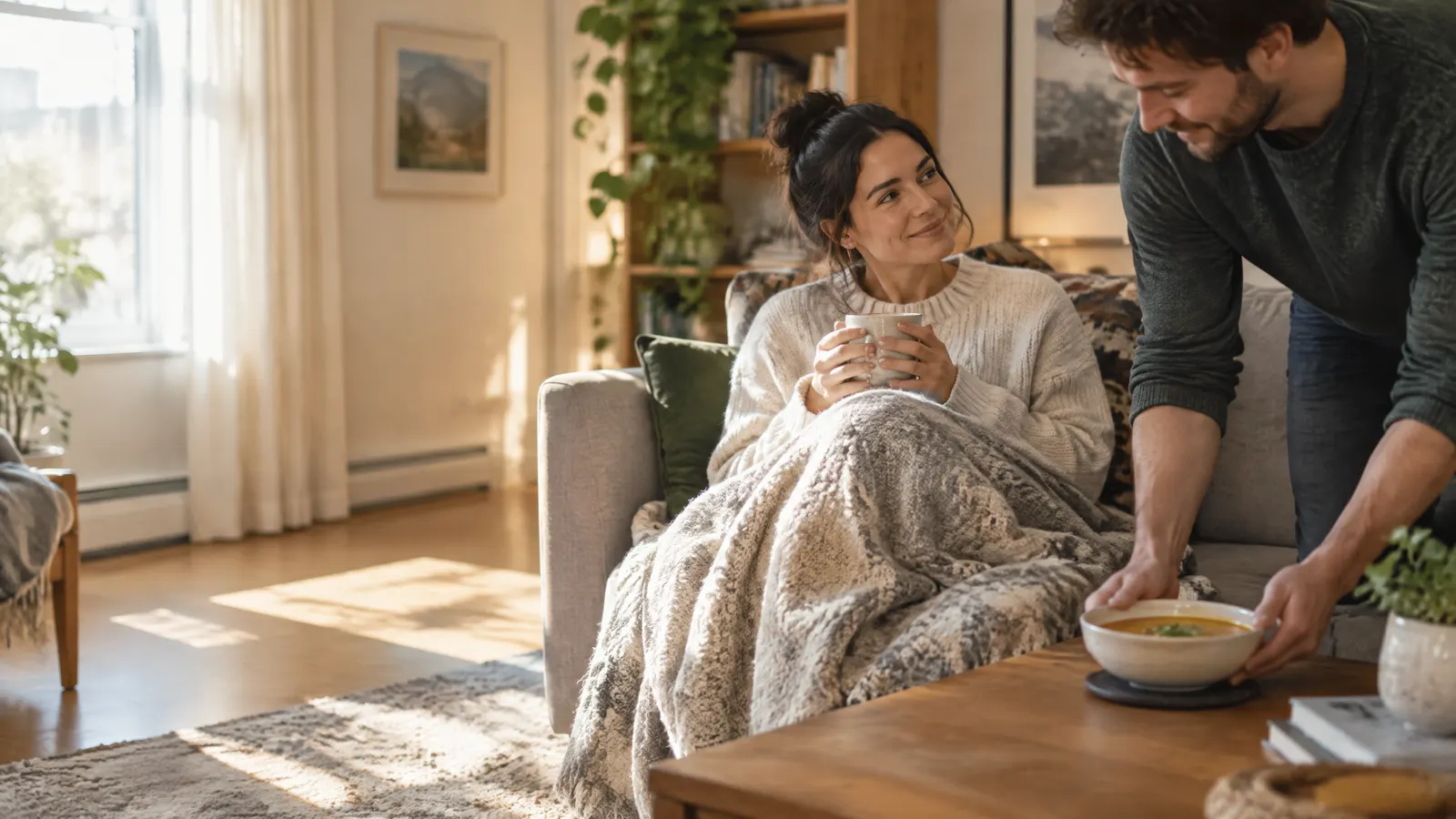 A woman in comfortable clothes rests on a sunlit living room sofa with a blanket and a mug of tea while her partner sets a bowl of soup on the coffee table beside her.